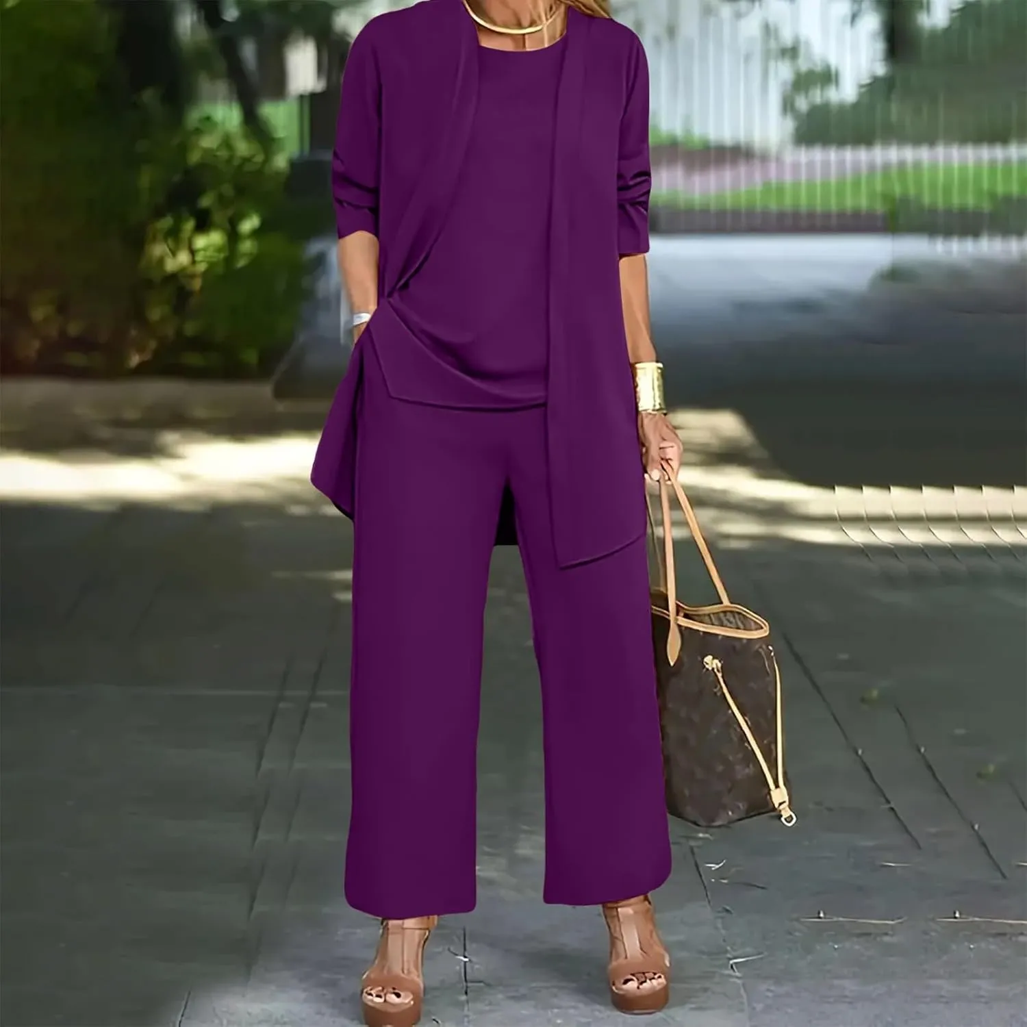 Womens Chiffon 3 Piece Outfit Sets Solid Formal Wide Leg Pant Suits Dressy Wedding Guest Pantsuits
