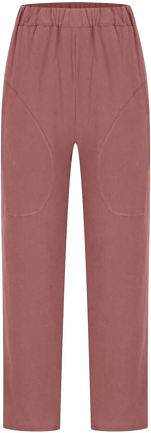 Womens Cotton Linen Capris Pants Plus Size Wide Leg Trousers with Pockets Casual Summer Beach Lounge Pants