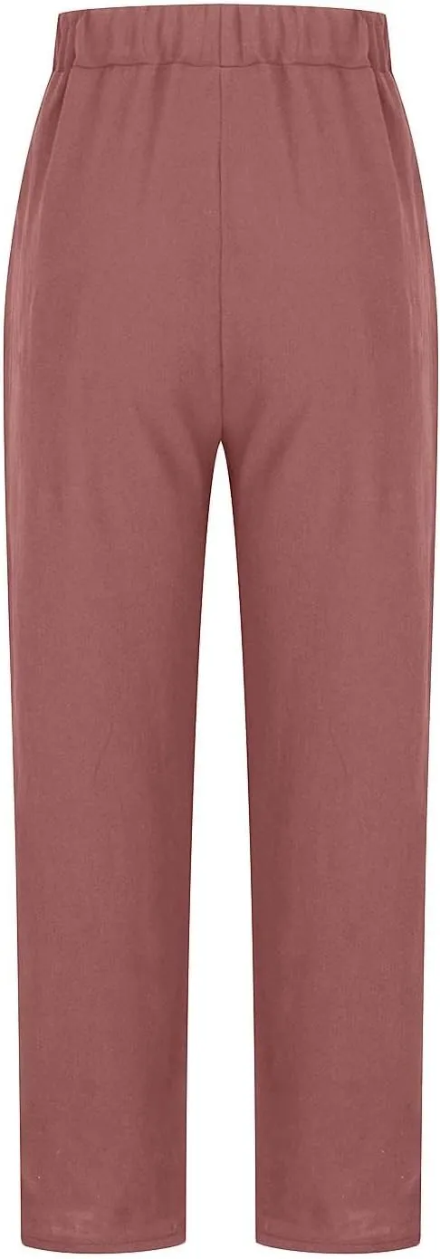 Womens Cotton Linen Capris Pants Plus Size Wide Leg Trousers with Pockets Casual Summer Beach Lounge Pants