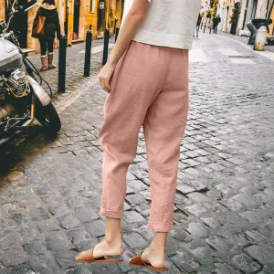 Womens Cotton Linen Capris Pants Plus Size Wide Leg Trousers with Pockets Casual Summer Beach Lounge Pants