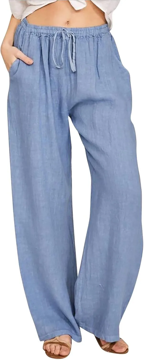 Women's Cotton Linen Pants Summer Wide Leg Casual Loose Drawstring High Waist Palazzo Pants Lightweight Trousers with Pockets Prime Shopping Online B35 A,XXL, XX-Large