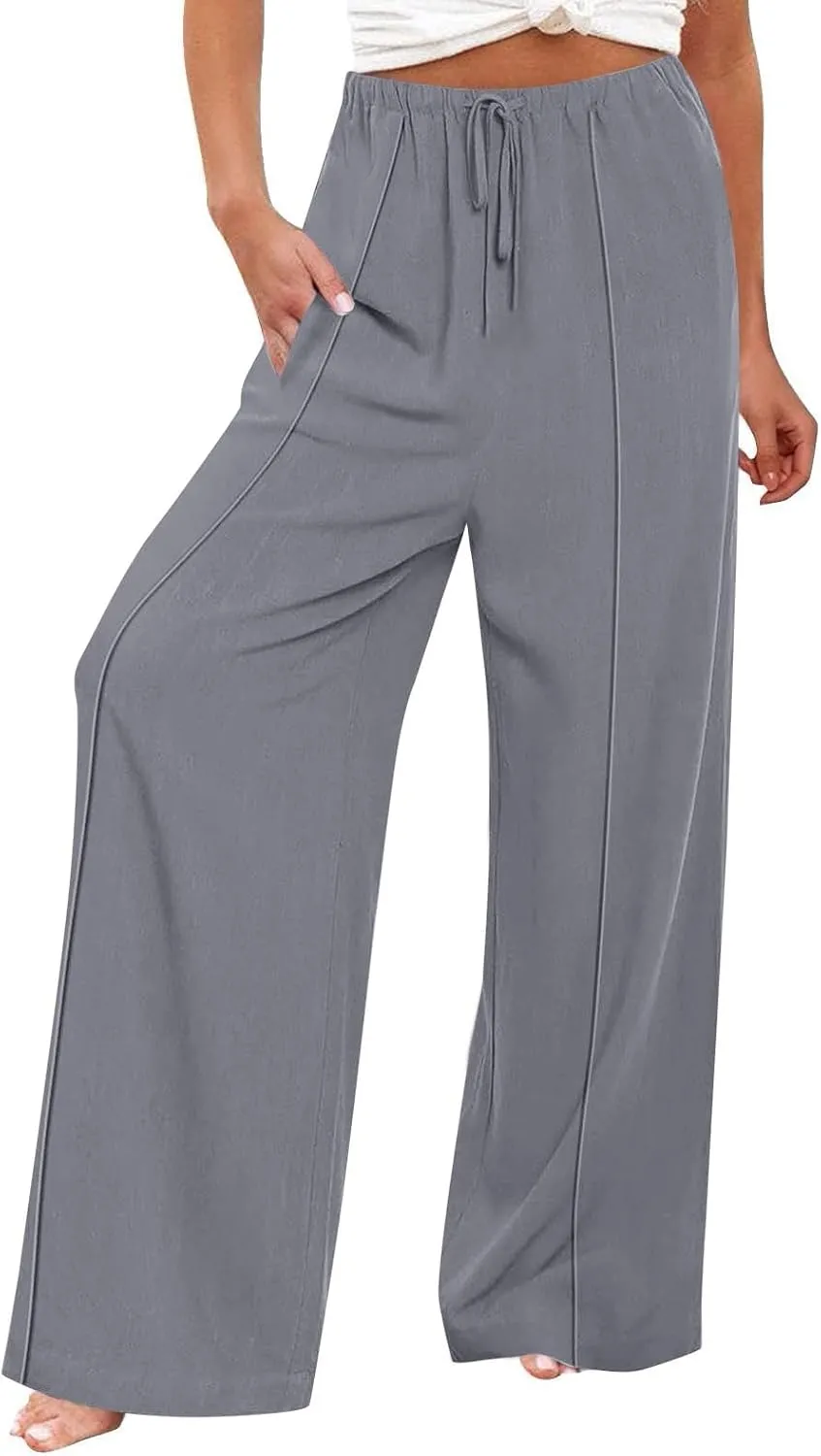 Womens Cotton Linen Summer Palazzo Pants Loose Comfy Wide Leg Pants Drawstring Elastic Waist Lounge Pants with Pockets