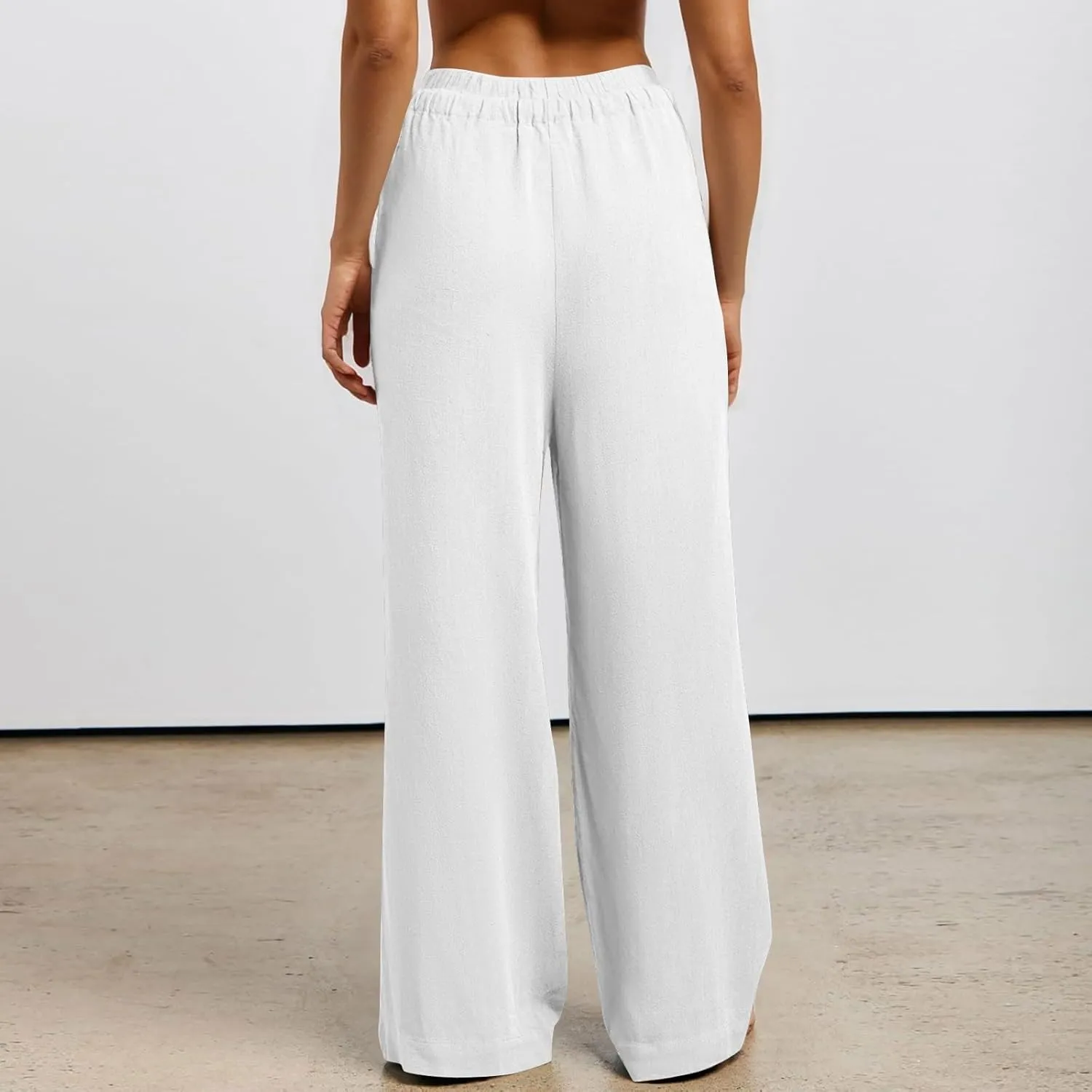 Womens Cotton Linen Summer Palazzo Pants Loose Comfy Wide Leg Pants Drawstring Elastic Waist Lounge Pants with Pockets