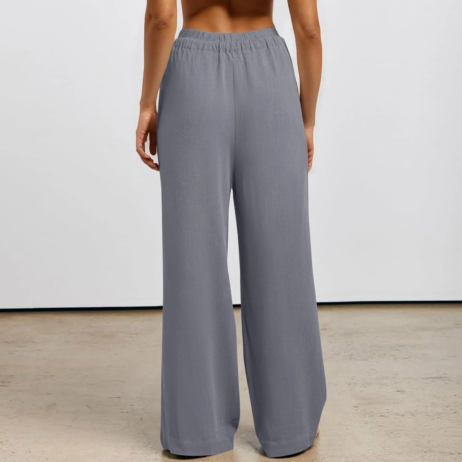 Womens Cotton Linen Summer Palazzo Pants Loose Comfy Wide Leg Pants Drawstring Elastic Waist Lounge Pants with Pockets