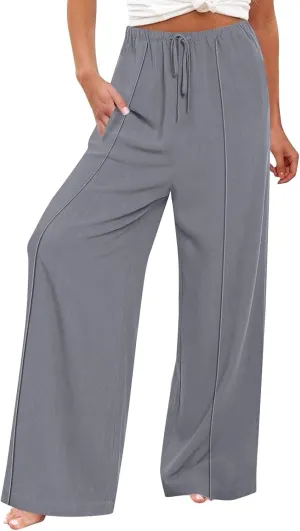 Womens Cotton Linen Summer Palazzo Pants Loose Comfy Wide Leg Pants Drawstring Elastic Waist Lounge Pants with Pockets