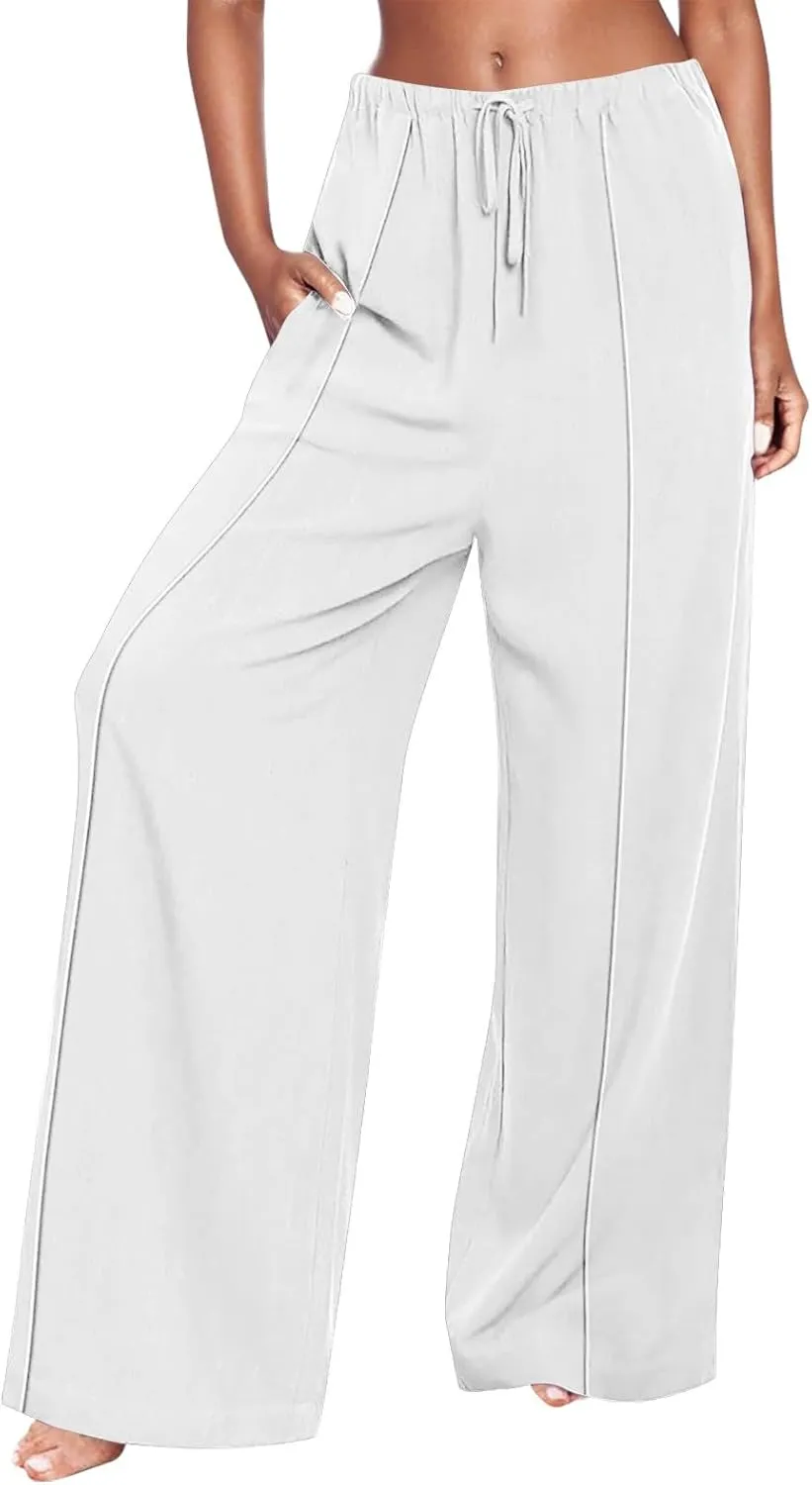 Womens Cotton Linen Summer Palazzo Pants Loose Comfy Wide Leg Pants Drawstring Elastic Waist Lounge Pants with Pockets