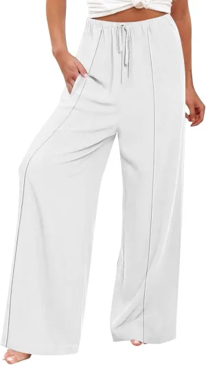 Womens Cotton Linen Summer Palazzo Pants Loose Comfy Wide Leg Pants Drawstring Elastic Waist Lounge Pants with Pockets