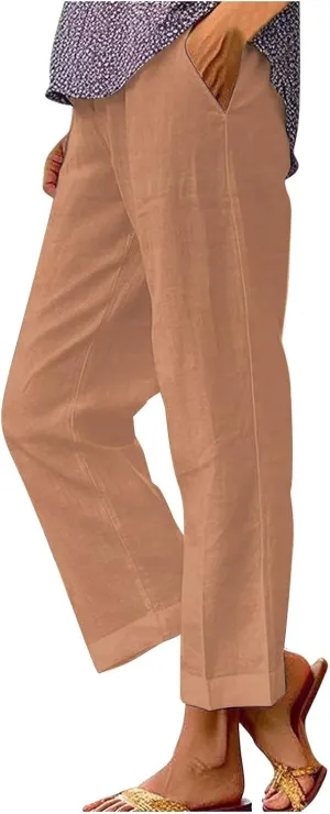 Womens Cropped Linen Pants Summer Elastic Waist Straight Leg Plus Size Crop Pants Casual Beach Trousers with Pockets