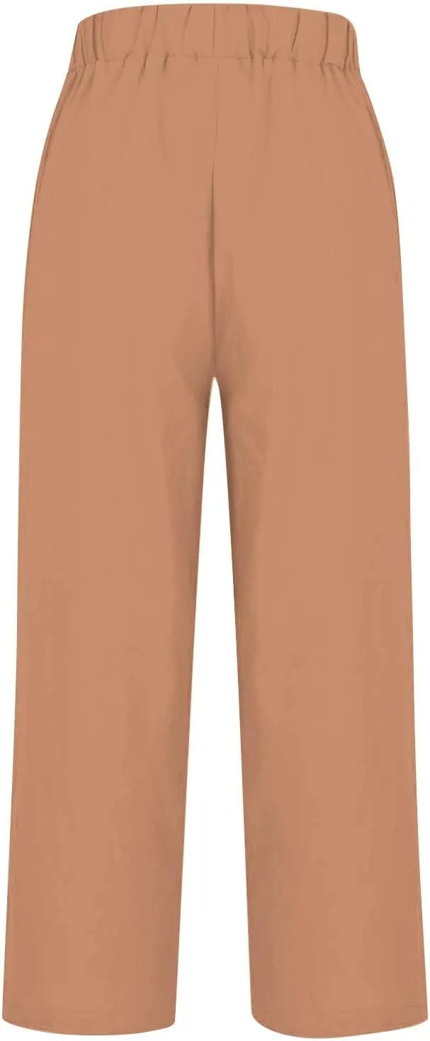 Womens Cropped Linen Pants Summer Elastic Waist Straight Leg Plus Size Crop Pants Casual Beach Trousers with Pockets