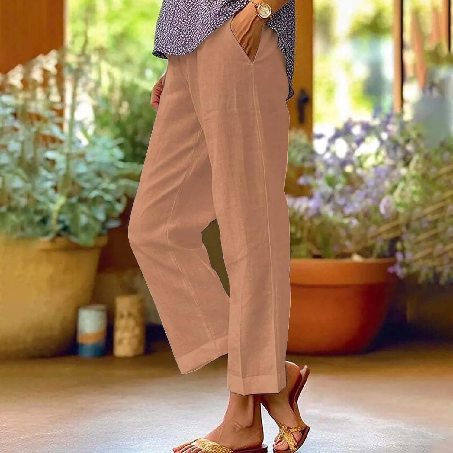 Womens Cropped Linen Pants Summer Elastic Waist Straight Leg Plus Size Crop Pants Casual Beach Trousers with Pockets