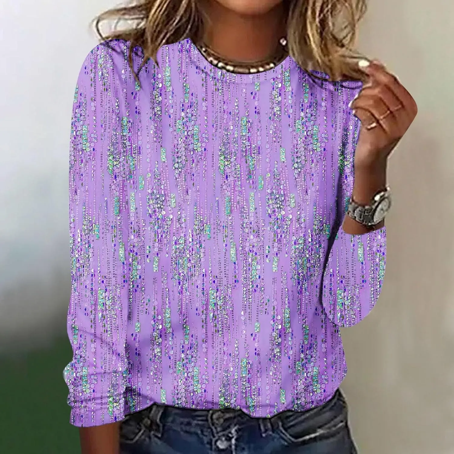 Womens Cute Long Sleeve Tops Trendy 2023 Floral Print Tunic Shirts Crewneck Loose Comfy Blouses Dressy Casual