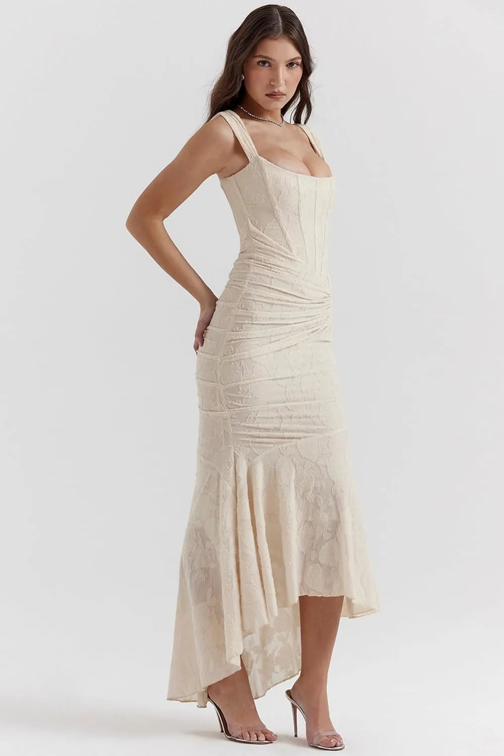 Women's Floral Jacquard Ruched Mermaid Hem Bodycon Cami Maxi Dress Off Shoulder Backless Cocktail Gown Evening Party