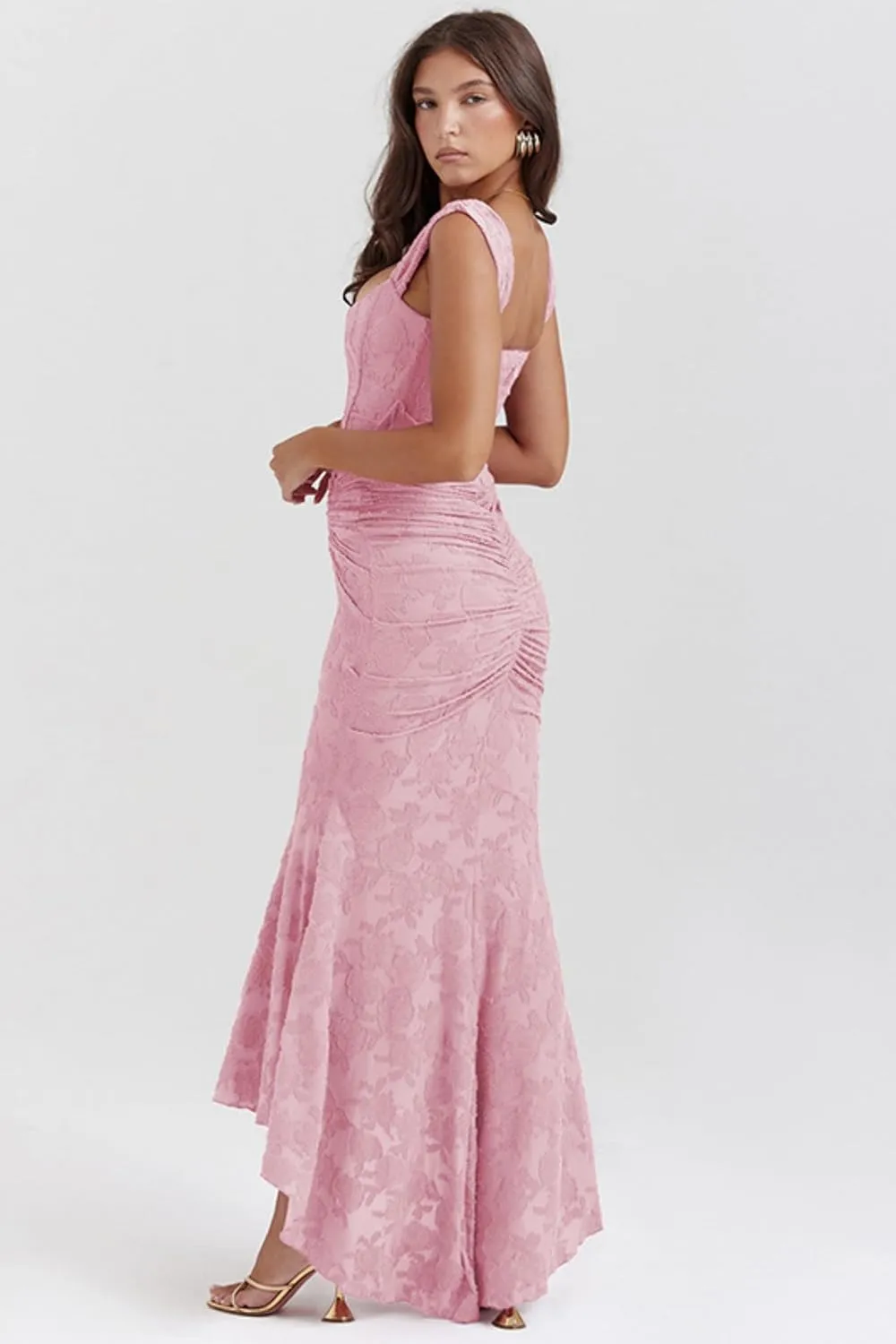 Women's Floral Jacquard Ruched Mermaid Hem Bodycon Cami Maxi Dress Off Shoulder Backless Cocktail Gown Evening Party