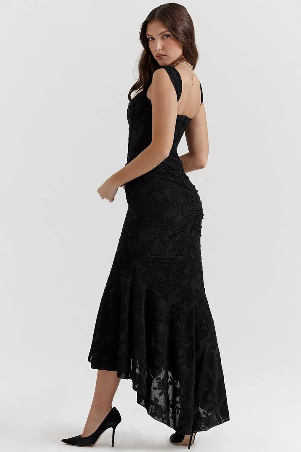 Women's Floral Jacquard Ruched Mermaid Hem Bodycon Cami Maxi Dress Off Shoulder Backless Cocktail Gown Evening Party