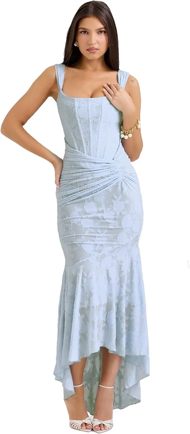 Women's Floral Jacquard Ruched Mermaid Hem Bodycon Cami Maxi Dress Off Shoulder Backless Cocktail Gown Evening Party