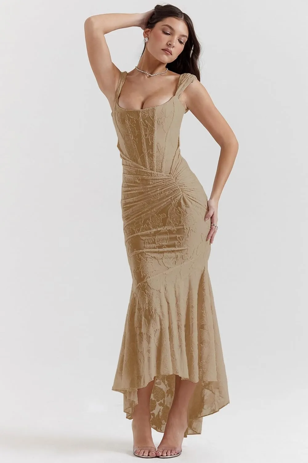 Women's Floral Jacquard Ruched Mermaid Hem Bodycon Cami Maxi Dress Off Shoulder Backless Cocktail Gown Evening Party