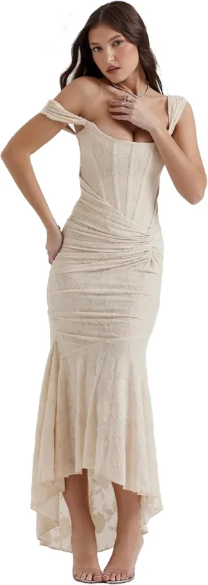 Women's Floral Jacquard Ruched Mermaid Hem Bodycon Cami Maxi Dress Off Shoulder Backless Cocktail Gown Evening Party