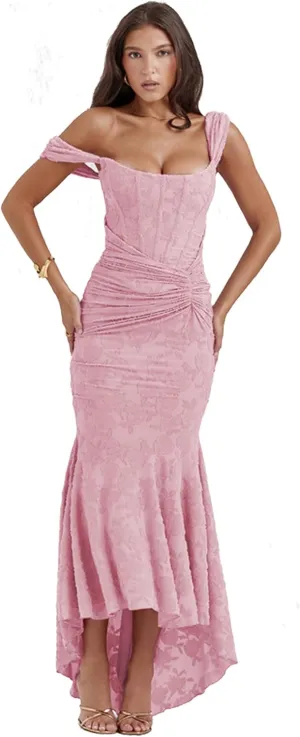 Women's Floral Jacquard Ruched Mermaid Hem Bodycon Cami Maxi Dress Off Shoulder Backless Cocktail Gown Evening Party