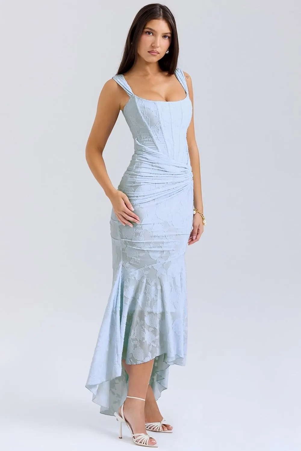 Women's Floral Jacquard Ruched Mermaid Hem Bodycon Cami Maxi Dress Off Shoulder Backless Cocktail Gown Evening Party