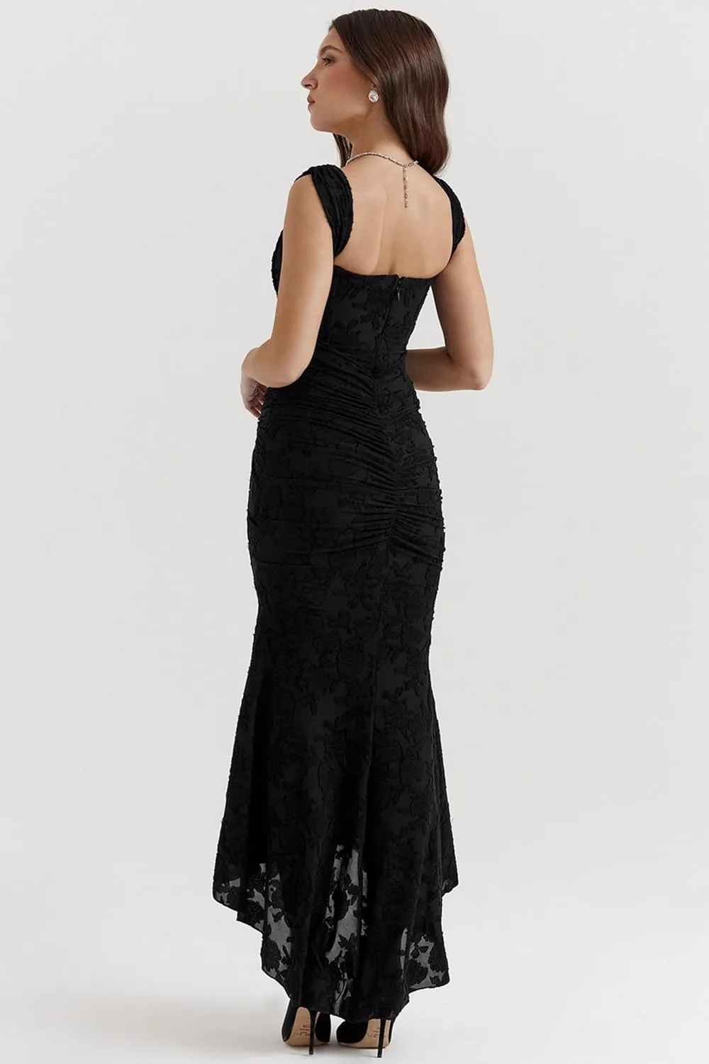 Women's Floral Jacquard Ruched Mermaid Hem Bodycon Cami Maxi Dress Off Shoulder Backless Cocktail Gown Evening Party