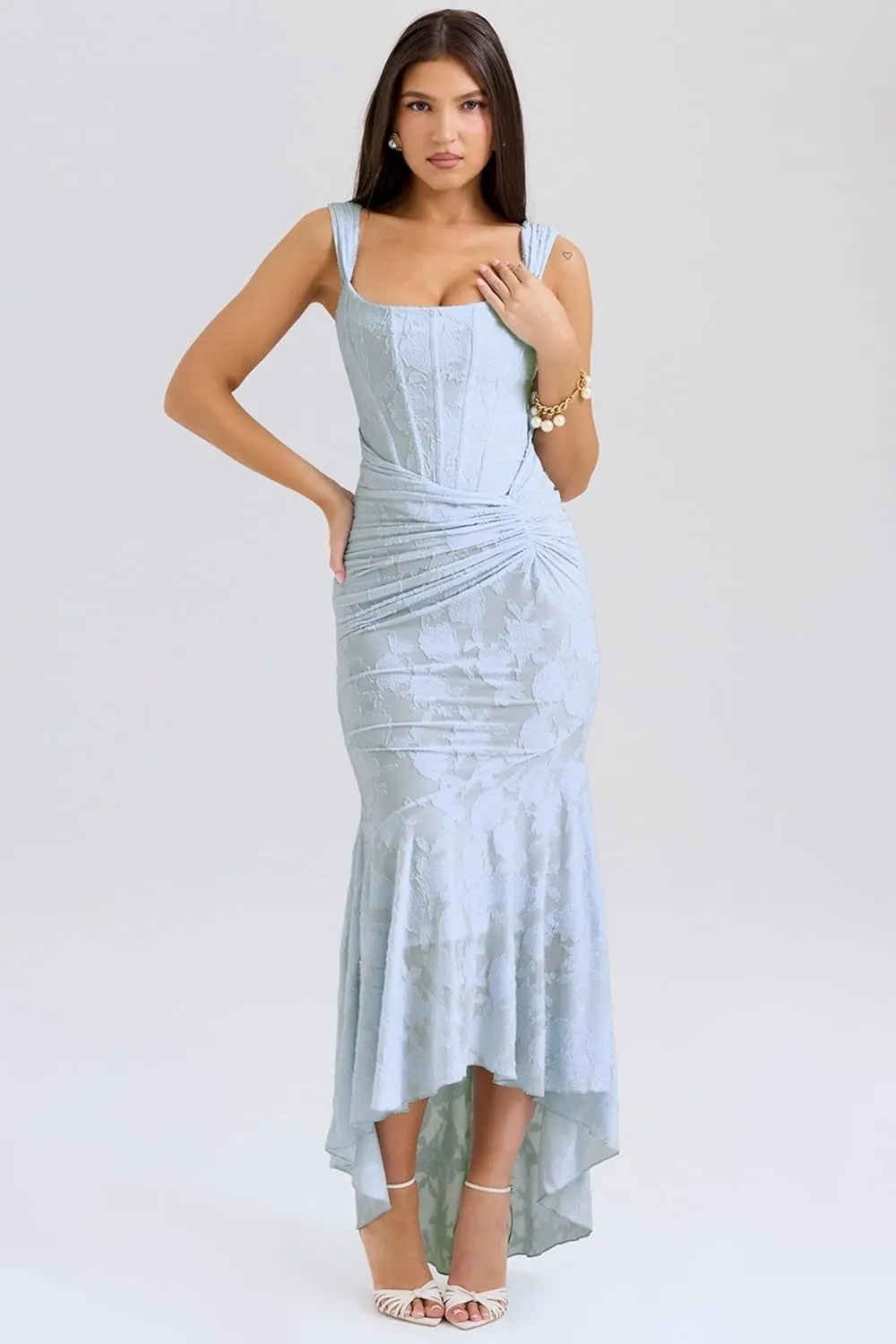 Women's Floral Jacquard Ruched Mermaid Hem Bodycon Cami Maxi Dress Off Shoulder Backless Cocktail Gown Evening Party
