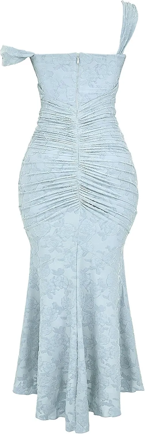 Women's Floral Jacquard Ruched Mermaid Hem Bodycon Cami Maxi Dress Off Shoulder Backless Cocktail Gown Evening Party