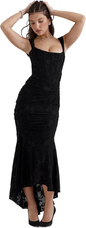 Women's Floral Jacquard Ruched Mermaid Hem Bodycon Cami Maxi Dress Off Shoulder Backless Cocktail Gown Evening Party