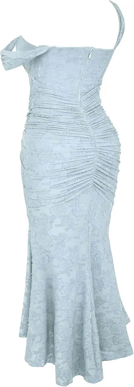 Women's Floral Jacquard Ruched Mermaid Hem Bodycon Cami Maxi Dress Off Shoulder Backless Cocktail Gown Evening Party