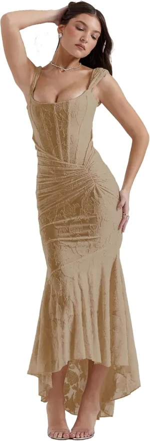 Women's Floral Jacquard Ruched Mermaid Hem Bodycon Cami Maxi Dress Off Shoulder Backless Cocktail Gown Evening Party