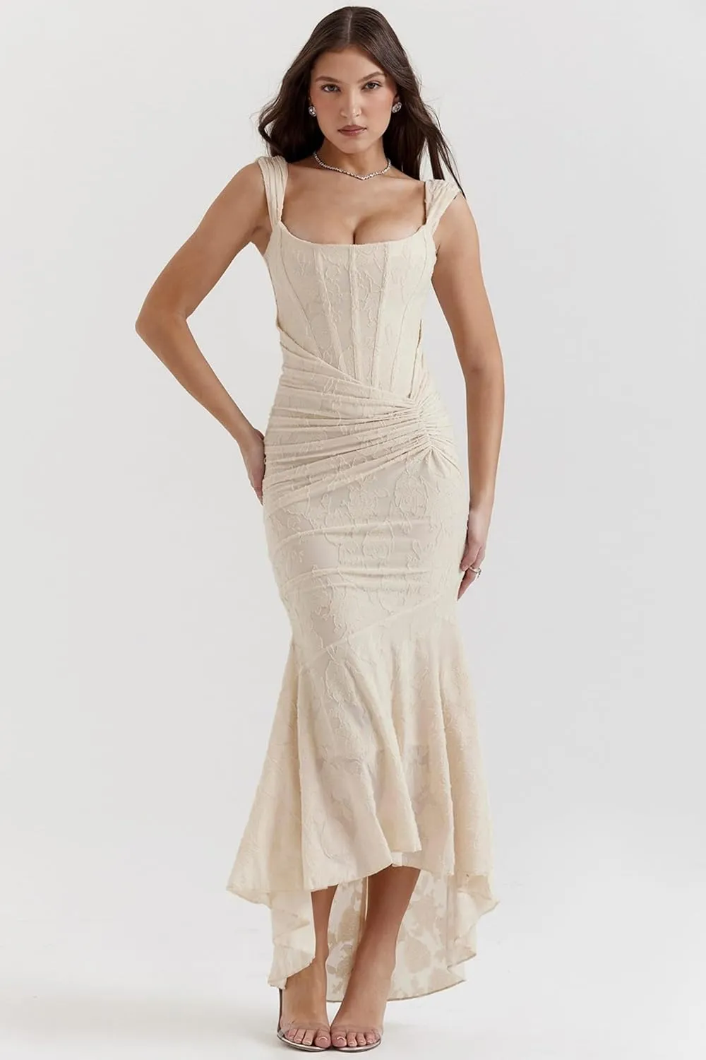 Women's Floral Jacquard Ruched Mermaid Hem Bodycon Cami Maxi Dress Off Shoulder Backless Cocktail Gown Evening Party