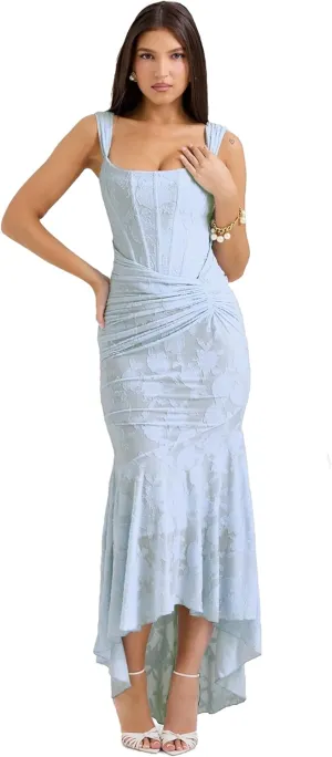 Women's Floral Jacquard Ruched Mermaid Hem Bodycon Cami Maxi Dress Off Shoulder Backless Cocktail Gown Evening Party