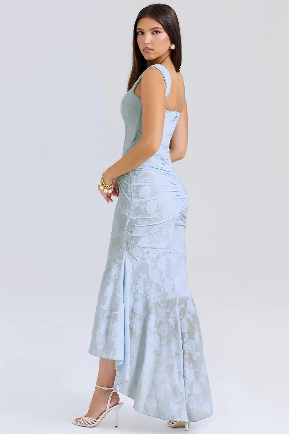 Women's Floral Jacquard Ruched Mermaid Hem Bodycon Cami Maxi Dress Off Shoulder Backless Cocktail Gown Evening Party