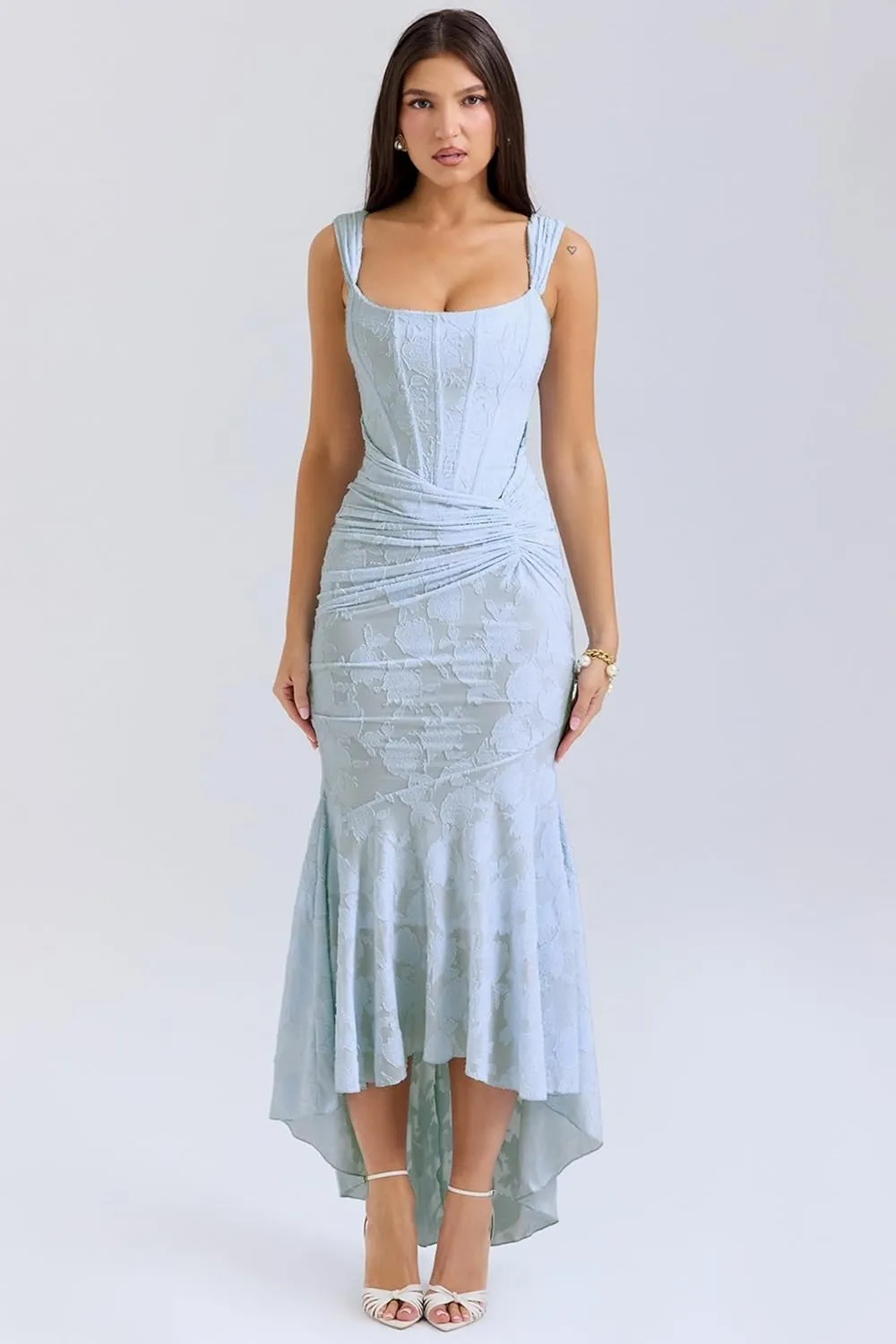 Women's Floral Jacquard Ruched Mermaid Hem Bodycon Cami Maxi Dress Off Shoulder Backless Cocktail Gown Evening Party