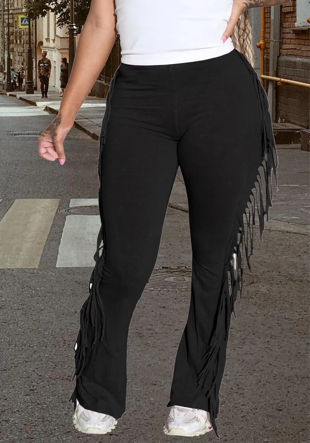 Women's Fringe Jogger Pants Bodycon Tassel Yoga Pant Sweatpant High Waist Long Trousers