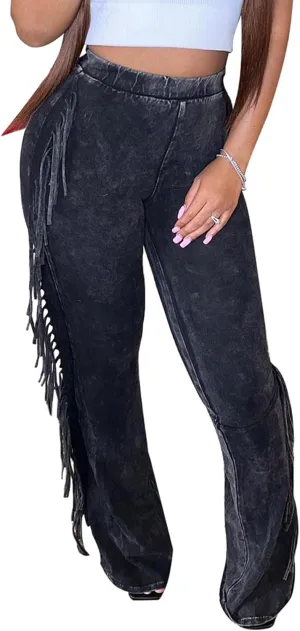 Women's Fringe Jogger Pants Bodycon Tassel Yoga Pant Sweatpant High Waist Long Trousers
