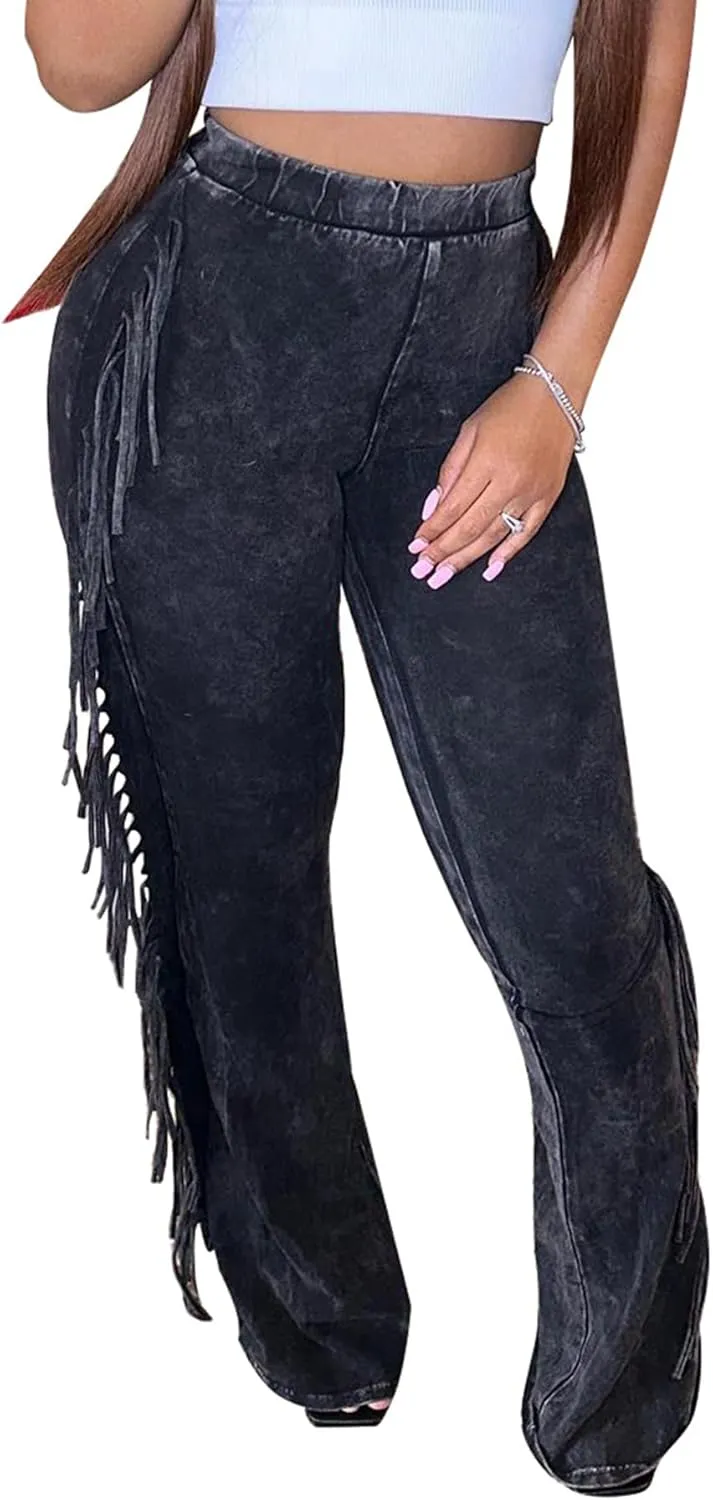 Women's Fringe Jogger Pants Bodycon Tassel Yoga Pant Sweatpant High Waist Long Trousers