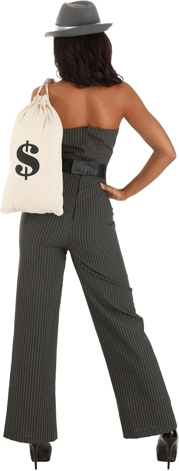 Womens Gwen the Gangster Halloween Costume | Adult Mobster Outfit With Back Zipper | Jumpsuit, Belt, & Hat