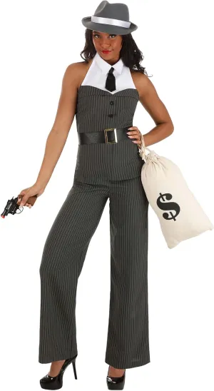 Womens Gwen the Gangster Halloween Costume | Adult Mobster Outfit With Back Zipper | Jumpsuit, Belt, & Hat