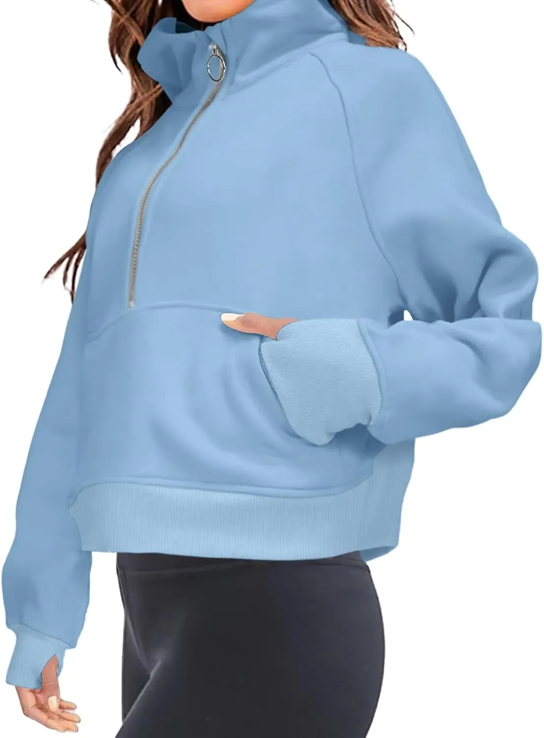 Womens Half Zip Hoodies Quarter Zipper Up Cropped Sweatshirt Long Sleeve Athletic Pullover Tops with Thumb Hole