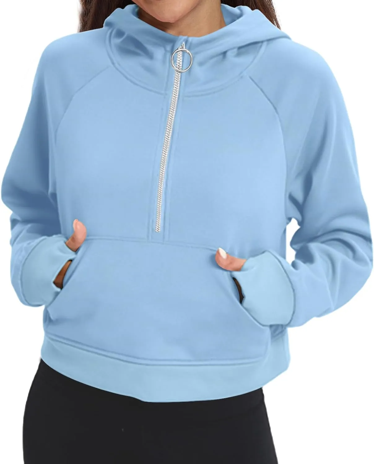 Womens Half Zip Hoodies Quarter Zipper Up Cropped Sweatshirt Long Sleeve Athletic Pullover Tops with Thumb Hole