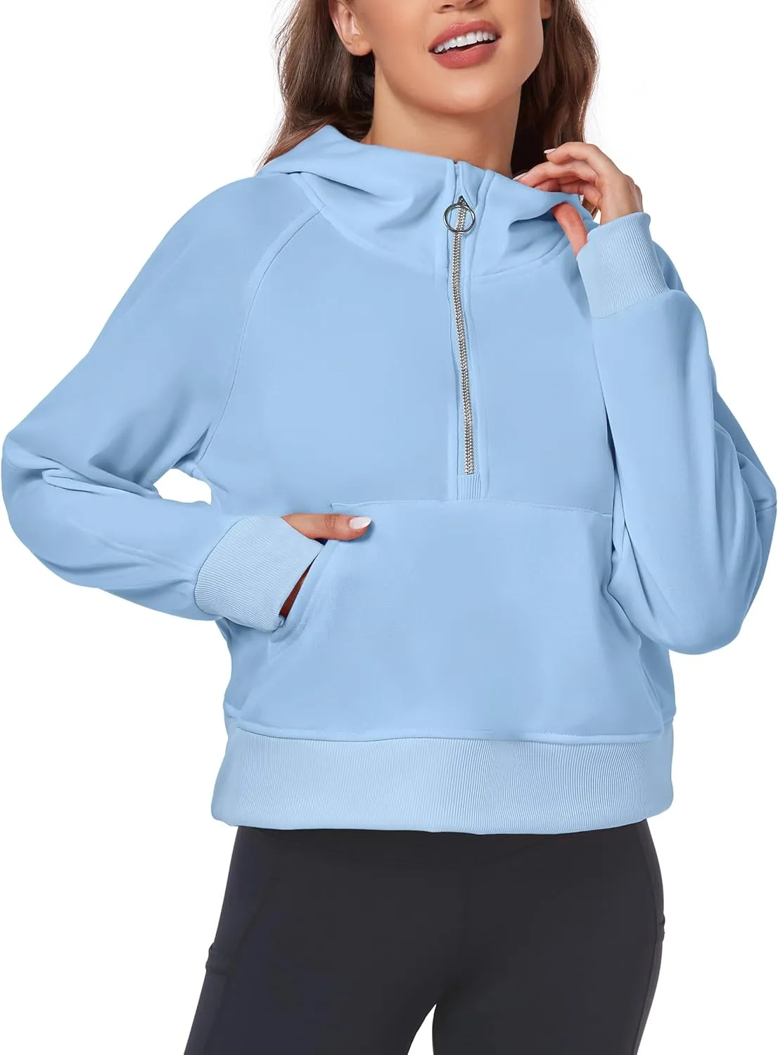Womens Half Zip Hoodies Quarter Zipper Up Cropped Sweatshirt Long Sleeve Athletic Pullover Tops with Thumb Hole