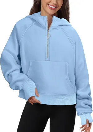 Womens Half Zip Hoodies Quarter Zipper Up Cropped Sweatshirt Long Sleeve Athletic Pullover Tops with Thumb Hole