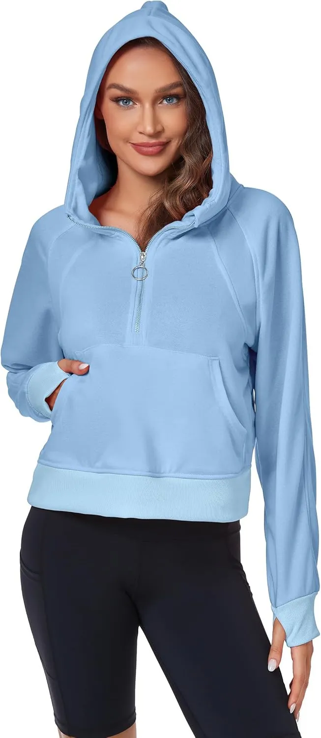Womens Half Zip Hoodies Quarter Zipper Up Cropped Sweatshirt Long Sleeve Athletic Pullover Tops with Thumb Hole