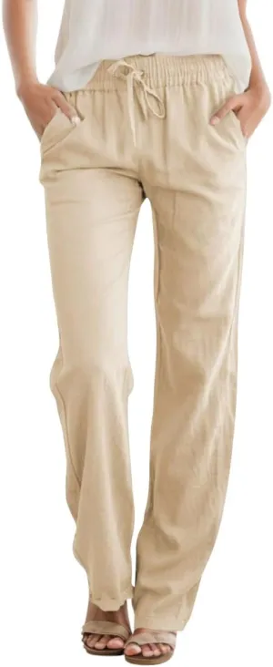 Womens High Waist Summer Casual Pants Drawstring Straight Leg Beach Vacation Lounge Trousers with Pockets