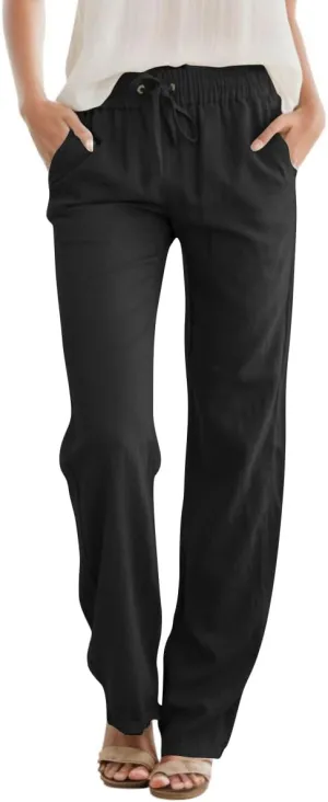 Womens High Waist Summer Casual Pants Drawstring Straight Leg Beach Vacation Lounge Trousers with Pockets