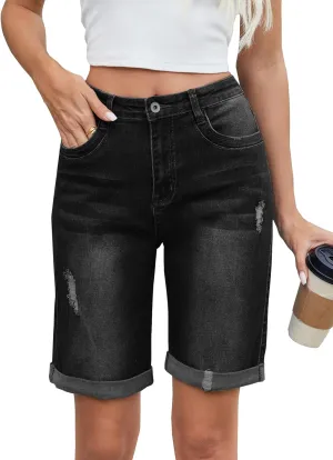 Women's High Waisted Stretchy Bermuda Denim Shorts - Trendy Casual Loose Fit
