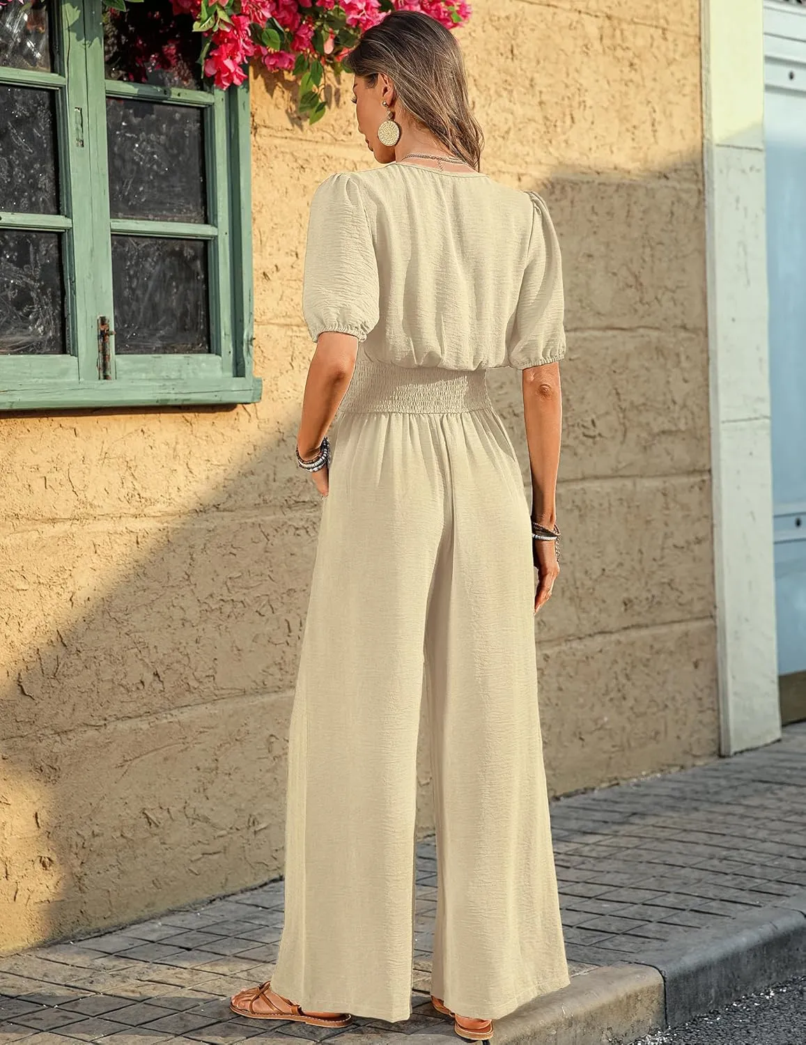 Womens Jumpsuits Short Sleeve V Neck Dressy Casual Wide Leg Pants Romper 2025 Summer One Piece Outfits