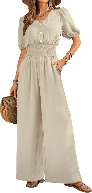 Womens Jumpsuits Short Sleeve V Neck Dressy Casual Wide Leg Pants Romper 2025 Summer One Piece Outfits