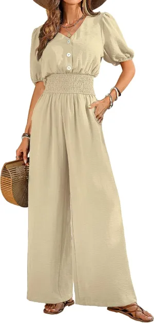 Womens Jumpsuits Short Sleeve V Neck Dressy Casual Wide Leg Pants Romper 2025 Summer One Piece Outfits