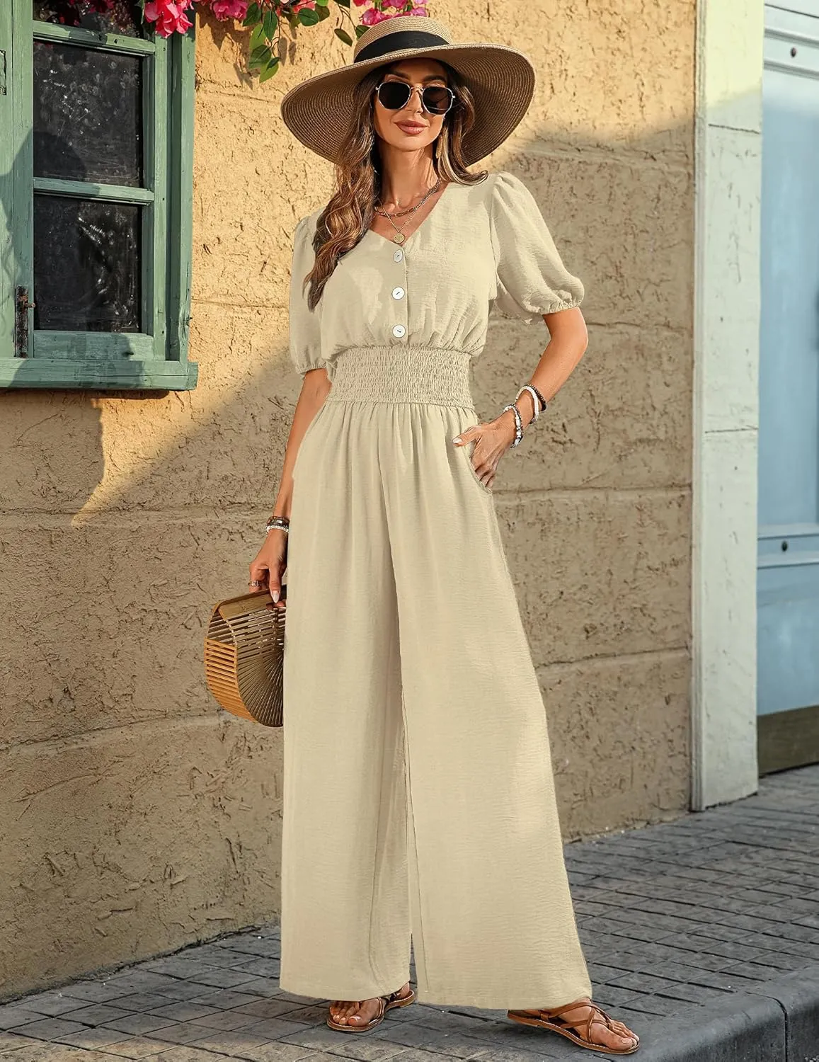Womens Jumpsuits Short Sleeve V Neck Dressy Casual Wide Leg Pants Romper 2025 Summer One Piece Outfits